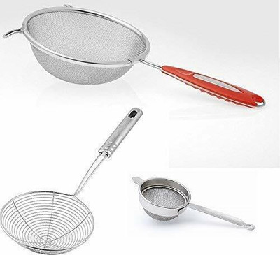 LSARI Stainless Steel Soup Strainer with Deep Fry Strainer Puri Jhara and Tea Strainer Colander(Multicolor Pack of 3)