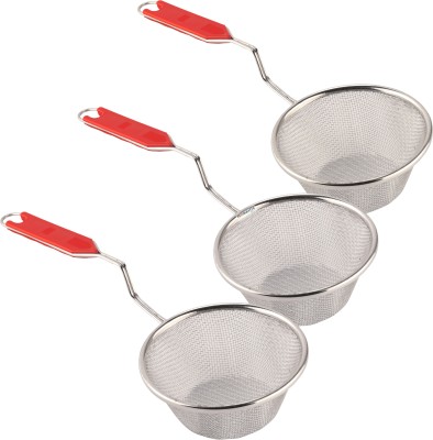 HOMESTIC Pack of 3 Steel Deep Fry Strainer for Kitchen | 5 no. | Silver & Red Strainer(Silver, Red Pack of 3)