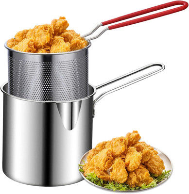 MG ENTERPRISE Small Deep Frying Pot With Basket, Ideal for French Fries & Cooking Strainer Pot 11 cm diameter 1.2 L capacity(Stainless Steel)