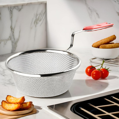 KUBER INDUSTRIES Steel Deep Fry Strainer for Kitchen, Cooking Jhara | 6 no. | Silver & Red Strainer(Silver, Red Pack of 1)