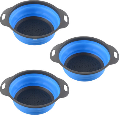 HOMESTIC Pack of 3 Multipurpose Strainer For Kitchen with Handle | HW-13-BLU | Blue Collapsible Colander(Blue Pack of 3)