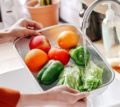 hirva creation Stainless Steel Drain Basket Tray for Sink – 30x20x6 cm Mesh Dish Rack Colander(Steel Pack of 1)