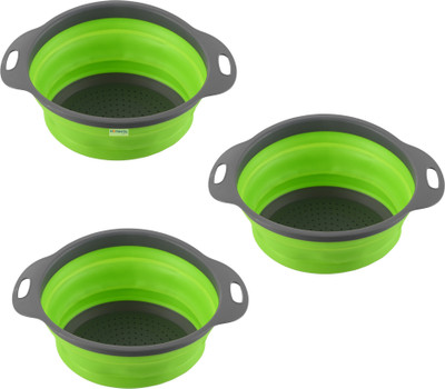 HOMESTIC Pack of 3 Multipurpose Strainer For Kitchen with Handle | HW-13-GRN | Green Collapsible Colander(Green Pack of 3)