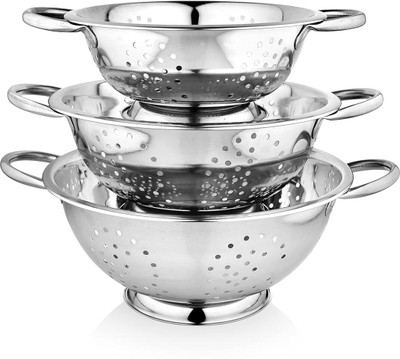KARFE Karfe stainless Steel Colander, Strainer, 18/24/28 CM with Pudding and Handle Colander(Steel Pack of 3)