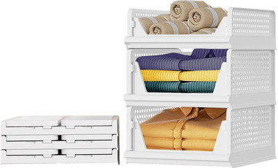 Aditya Polymers Wardrobe Organizer (3 Pc: 2L + 1S) – Foldable & Stackable Slide-Out Trays PP Collapsible Wardrobe(Finish Color - white 10, Pre-assembled)