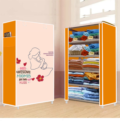 YUMESA 5 Shelf Foldable Collapsible Wardrobe Storage Organizer Almirah Cloth Rack PVC Collapsible Wardrobe(Finish Color - Orange (18), DIY(Do-It-Yourself))