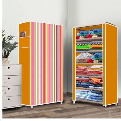 STROMMI 6 Shelf Foldable Collapsible Wardrobe Storage Organizer Almirah Cloth Rack PP Collapsible Wardrobe(Finish Color - Orange (8), DIY(Do-It-Yourself))