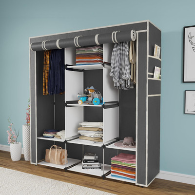 HUENISH 88130 Storage Organizer Shelves for Clothes Racks Non Woven Fabric Almirah PP Collapsible Wardrobe(Finish Color - Grey, DIY(Do-It-Yourself))