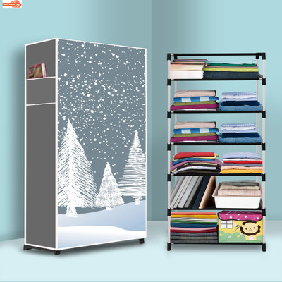 UkdiMukdi 6 Shelf Foldable Collapsible Wardrobe Storage Organizer Almirah Cloth Rack PVC Collapsible Wardrobe(Finish Color - Felling Snow Modern Print, DIY(Do-It-Yourself))