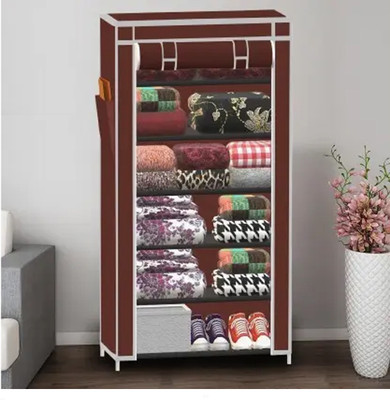 BEEYZELL 6 Shelf Foldable Collapsible Wardrobe Storage Organizer Almirah Cloth Rack PVC Collapsible Wardrobe(Finish Color - BROWN, DIY(Do-It-Yourself))