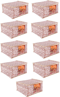 Hitvik Non-Woven Fabric Storage Bag Beige Floral Clothes Storage Bag - Pack of 9 Saree, Blanket, Wardrobe Organizer Box(Beige)