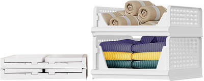 Aditya Polymers Wardrobe Organizer (2 Pc: 1L + 1S) – Foldable & Stackable Slide-Out Trays PP Collapsible Wardrobe(Finish Color - white 1, Pre-assembled)
