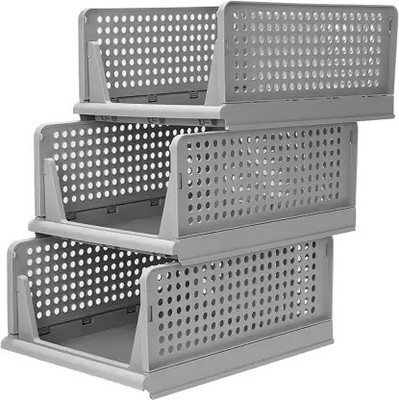 Vozica Folding Wardrobe Organizer Plastic Stackable Clothe Closet Polyester Collapsible Wardrobe(Finish Color - Grey_Pack_OF 3, DIY(Do-It-Yourself))