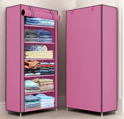 Opal 1 Door 6 Shelf Fabric Carbon Steel PP Collapsible Wardrobe(Finish Color - Pink, DIY(Do-It-Yourself))