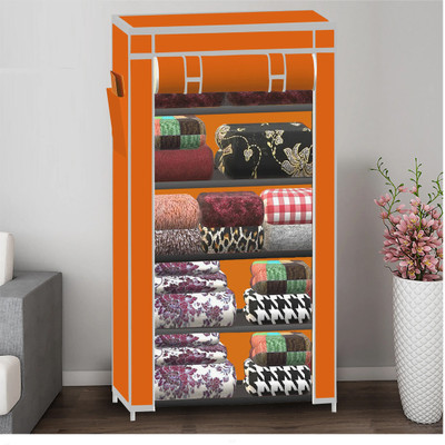 YUMESA 5 Shelf Foldable Collapsible Wardrobe Storage Organizer Almirah Cloth Rack PVC Collapsible Wardrobe(Finish Color - ORANGE, DIY(Do-It-Yourself))