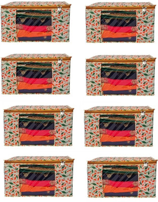 SOMUDEE Saree Cover Foldable Closet Storage Box with Zip Closure,Stylish Design(Pack of 8) Multi-Use Storage Bag for Wardrobe,with zip(Beige)