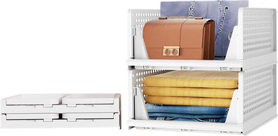 Aditya Polymers Wardrobe Organizer (2 Pc, Large) – Foldable & Stackable Slide-Out Trays PP Collapsible Wardrobe(Finish Color - white 2, Pre-assembled)