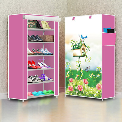 FURURE Sturdy 6 Layer Foldable Shoe Rack – Compact & Collapsible Shelf for Small Spaces Metal Collapsible Shoe Stand(Pink Fresh Print, 6 Shelves, DIY(Do-It-Yourself))