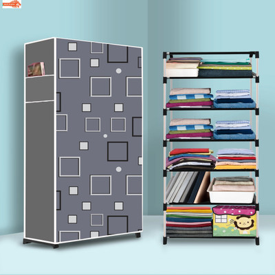 STROMMI 6 Shelf Foldable Collapsible Wardrobe Storage Organizer Almirah Cloth Rack PP Collapsible Wardrobe(Finish Color - Awesome box Modern Print, DIY(Do-It-Yourself))