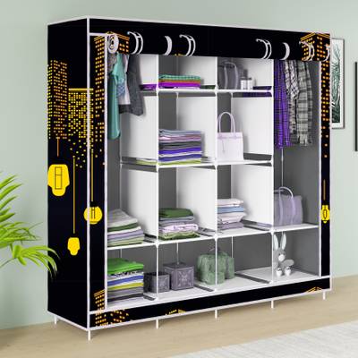 Home Reserve 3 door 12 Shelf Adroble Printed Carbon Steel Collapsible Wardrobe
