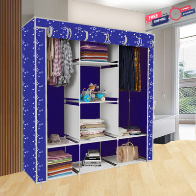 SB07 3 Door 8 Layer Unique Portable Carbon Steel Collapsible Wardrobe(Finish Color - 9 BLUE Printed, DIY(Do-It-Yourself))