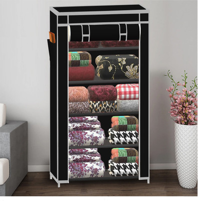 YUMESA 5 Shelf Foldable Collapsible Wardrobe Storage Organizer Almirah Cloth Rack PVC Collapsible Wardrobe(Finish Color - BLACK, DIY(Do-It-Yourself))