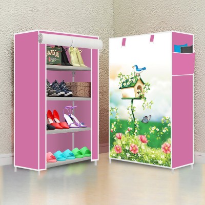 dbeautify 4 Layer Digital Printed Plastic, Metal Collapsible Shoe Stand(Pink, 4 Shelves, DIY(Do-It-Yourself))