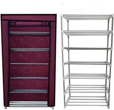 GlowSilk Multi Utility Collapsible Metal Book/Shoe/Cloth Foldable Rack With Cover Metal Shoe Stand(Maroon, 6 Shelves, DIY(Do-It-Yourself))