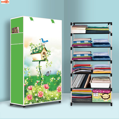 FLYUP 6 Shelf Foldable Collapsible Wardrobe Storage Organizer Almirah Cloth Rack PVC Collapsible Wardrobe(Finish Color - House Tree Green Modern Print, DIY(Do-It-Yourself))