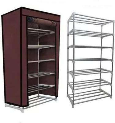 GlowSilk Multi Utility Collapsible Metal Book/Shoe/Cloth Foldable Rack With Cover Metal Shoe Stand(Brown, 6 Shelves, DIY(Do-It-Yourself))