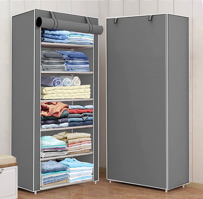 FLIPZON 1 Door 6 Shelf Fabric PP Collapsible Wardrobe(Finish Color - Grey, DIY(Do-It-Yourself))