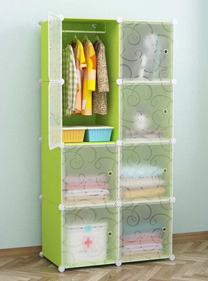 KriShyam ® Cube Storage Organizer 8-Cube DIY Plastic Closet Cabinet with Doors PP Collapsible Wardrobe(Finish Color - Green, DIY(Do-It-Yourself))