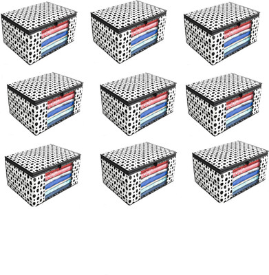 SOMUDEE Saree Cover Printed Fabric Storage Box for Wardrobe Use ,Foldable and Durable(Pack of 9) Space-Saving Foldable Clothes Organizer Bag,with zip(White)
