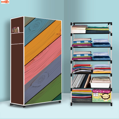 Opal 6 Shelf Foldable Collapsible Wardrobe Storage Organizer Almirah Cloth Rack PP Collapsible Wardrobe(Finish Color - Colorful Wood Modern Print, DIY(Do-It-Yourself))