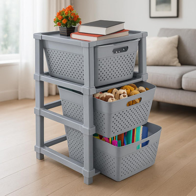 JD FRESH 3-Tier Plastic Storage Cabinet Organizer/Modular Plastic Drawer System for Home PP Collapsible Wardrobe(Finish Color - Grey, DIY(Do-It-Yourself))