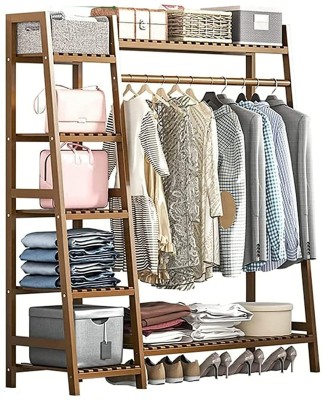 HOUSE OF QUIRK Bamboo Wood Garment Clothing Rack with 5 Tiers-(110x40x140cm, Tan) Polyester Collapsible Wardrobe(Finish Color - Tan, DIY(Do-It-Yourself))