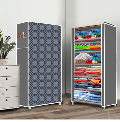 RAXON WORLD 6 Shelf Foldable Collapsible Wardrobe Storage Organizer Almirah Cloth Rack Carbon Steel Collapsible Wardrobe(Finish Color - Grey, DIY(Do-It-Yourself))