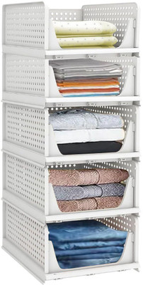 Aditya Polymers Wardrobe Organizer (5 Pc, Large) – Foldable & Stackable Slide-Out Trays PP Collapsible Wardrobe(Finish Color - white 9, Pre-assembled)
