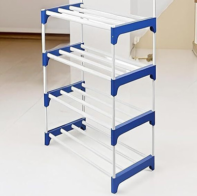 CHOUXPRO CHOUXPRO Foldable 4-Layer Shoe Rack without Cover | Light Weight & Portable Plastic Collapsible Shoe Stand(BLUE & WHITE, 4 Shelves, DIY(Do-It-Yourself))