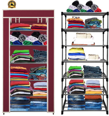 saintwod 6 Shelf Foldable Collapsible Wardrobe Storage Organizer Almirah Cloth Rack Carbon Steel Collapsible Wardrobe(Finish Color - Maroon, DIY(Do-It-Yourself))