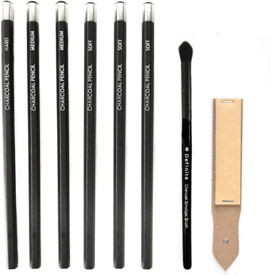 Definite Black Charcoal Artist Pencils with Charcoal Smudger Brush & Sand Paper Folder (Pack of 6 Pencils, Brush & Sand Paper) for Artist Students Black Charcoal Hexagonal Shaped Color Pencils(Set of 3, Black)