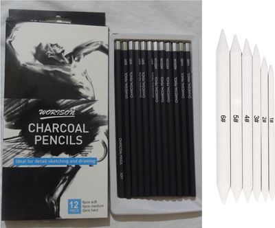 Ortan Artist Charcoal Pencil-(6Pcs Soft, 4Pcs Medium,2Pcs Hard)& Blending Stumps Graphite & Sketching Drawing Shading Pencil Shaped Color Pencils(Set of 18, Black)