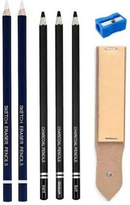 Aashwi 2Pc Eraser Pencil, 3Pc Black Charcoal Pencil & SandPaper Strip Graphite & Sketching Drawing Shading Pencil Shaped Color Pencils(Set of 7, Black)