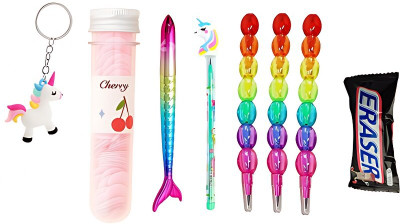 K3NTERPRISES Unicorn Stationery Gift Pack with Mermaid Pen and Eraser round Shaped Color Pencils(Set of 6, Multicolor)