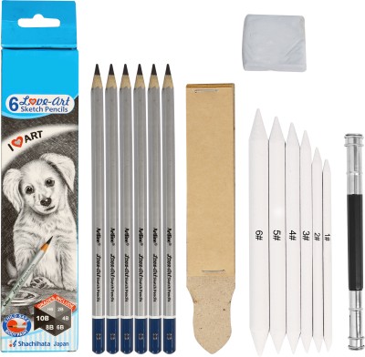 Ortan 6Sketch pencil +6Blending Stump+Sand Paper Sharpner +1 Kneadable Eraser +extnder Round, etc Shaped Color Pencils(Set of 5, Black, White)