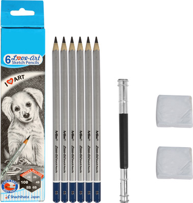 Ortan 6 SKETCH PENCIL WITH 1 EXTENDER &2 KNEADABLE ERASER COMBO SKETCH KIT Professional Art Sketching Shaped Color Pencils(Set of 9, Grey, Black)