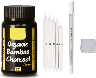 Ortan Dark Charcoal Powder With Blender, Highlighter Gel Pen & Eraser Professional Art Sketching Shaped Color Pencils(Set of 9, Black)