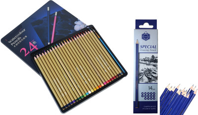 ChiggiWiggi 24 Pcs Water Color Pencils Art Drawing Set and 14 Pcs Special Drawing Graphite Pencil Set for Professional Sketch Art Shading for Student and Artists Drawing Shaped Color Pencils(Set of 1, Multicolor)