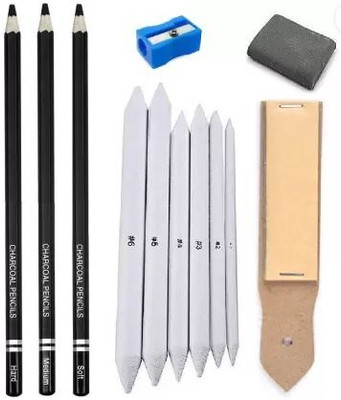 Ortan 3pc Black Charcoal Pencils, 6pc Blending Stumps, Sandpaper & Kneadable Eraser Sketching Drawing Shading Art Pastel & Charcoal Shaped Color Pencils(Set of 3, Black)