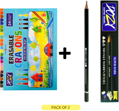 Dozy 24 Erasable Crayon + Super Dark Pencils Combo | Pack of 2 | School & Art Use triangular Shaped Color Pencils(Set of 24, multi colors) Dozy 24 Erasable Crayon + Super Dark Pencils Combo | Pack of 2 | School & Art Use triangular Shaped Color Pencils(Set of 24, multi colors)
